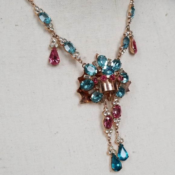 Vintage 1920s Art Deco Couture Rose Gold Aquamarine Crystal Fringe Necklace - Picture 12 of 12